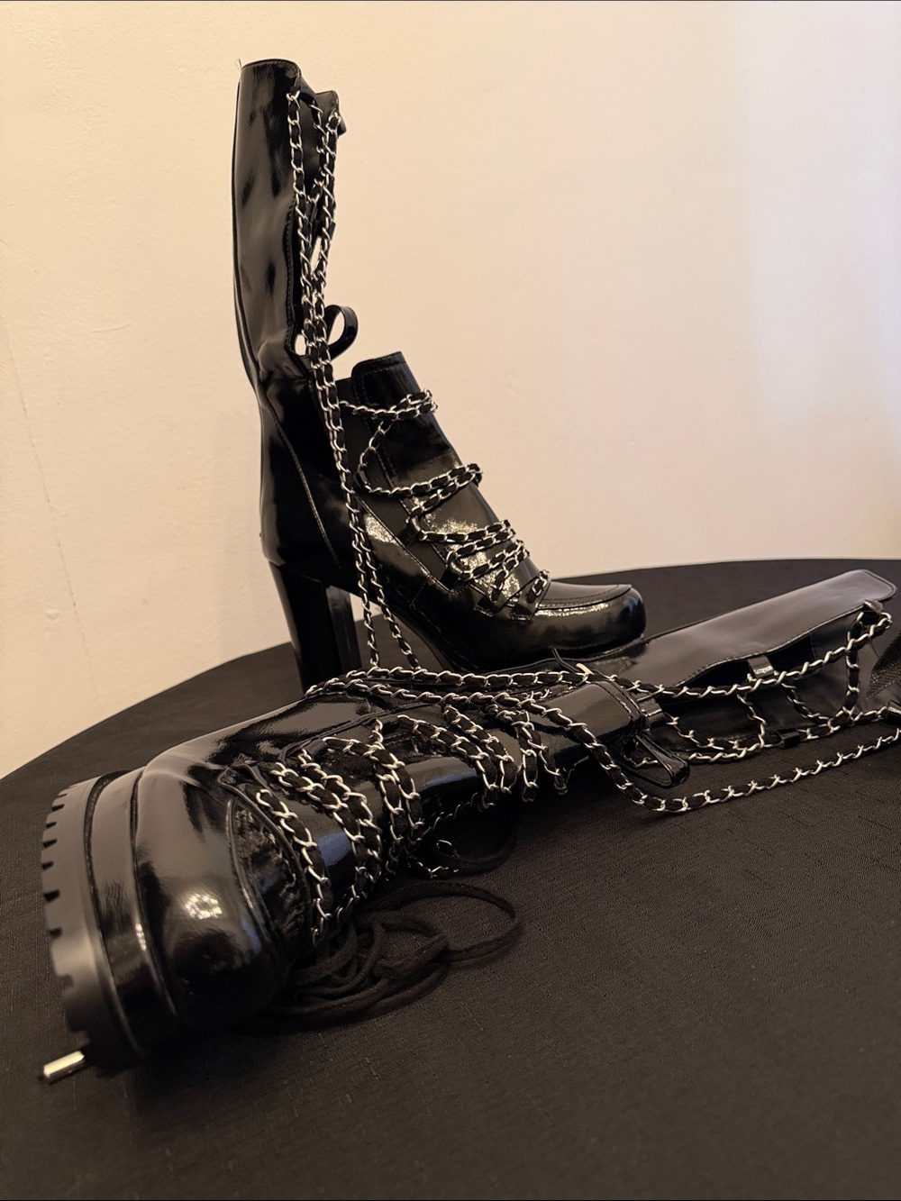 Patent Black Chain-Detail Platform Heeled Boots